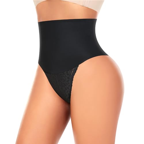 Werkiss Shapewear Damen Bauchweg Unterhose Spitze Tanga String Shaping Unterwäsche Figurformender Miederhose Body Shaper(#1 Schwarz-lace Tanga, XL) von Werkiss