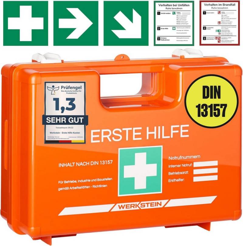 Werkstein Erste-Hilfe-Koffer mit Inhalt nach neuer DIN 13157:2021 I, (inkl. praktischer Wandhalterung, 5x Aufkleber & Plombe, 1 St), I Verbandskasten für Betriebe, Einrichtungen & Zuhause von Werkstein