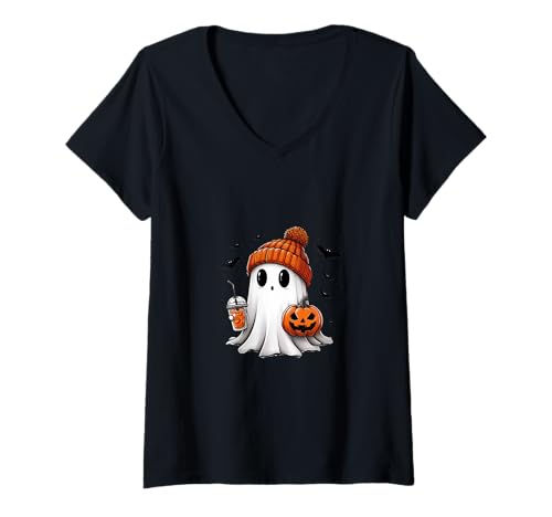Damen Niedlicher Halloween-Bougie-Geist T-Shirt mit V-Ausschnitt Damen Niedlicher Halloween-Bougie-Geist T-Shirt mit V-Ausschnitt von Wernz