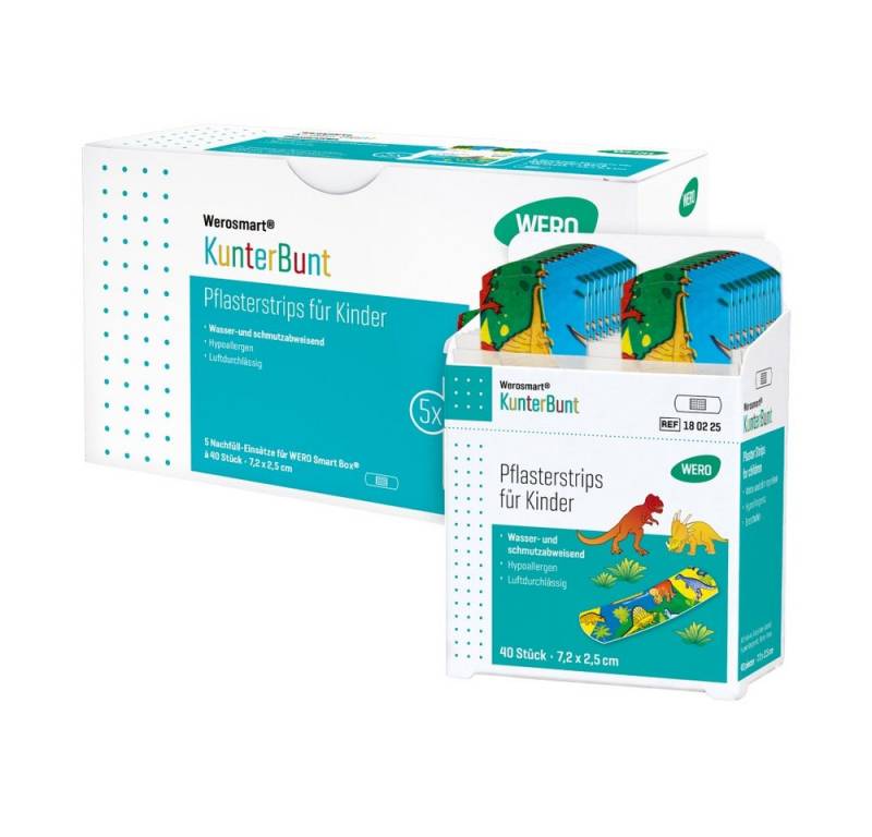 Werosmart® Wundpflaster KunterBunt Pflasterspender-Einsätze 7,2 x 2,5 cm (5 Einsätze, 200 St), Pflasterstrips von Werosmart®