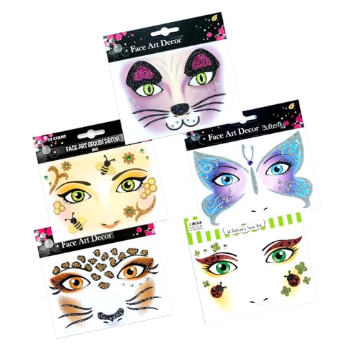 5 Stück Gesichtstattoo Art Sticker Gesichtstattoo Leopard Bienen Marienkäfe Schmetterlinge Katze Ablösbare Glitzer Temporäre Tattoos Tiere Temporäre Gesichtstattoo für Cosplay Karneval Halloween von Werownsgso