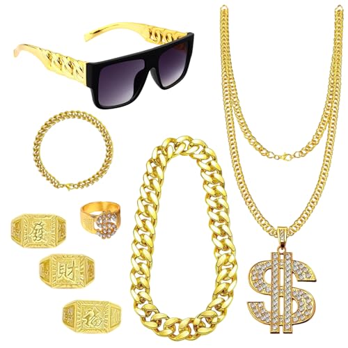 8 Stück Hip Hop Kostüm Zubehör Set Kunststoff Dollar Kette Goldkette Goldenes Armband Dollarzeichen-Ring Hanzi-Ringe Retro Sonnenbrille Hippie Accessoires für Rapper Cosplay Fasching Karneval von Werownsgso