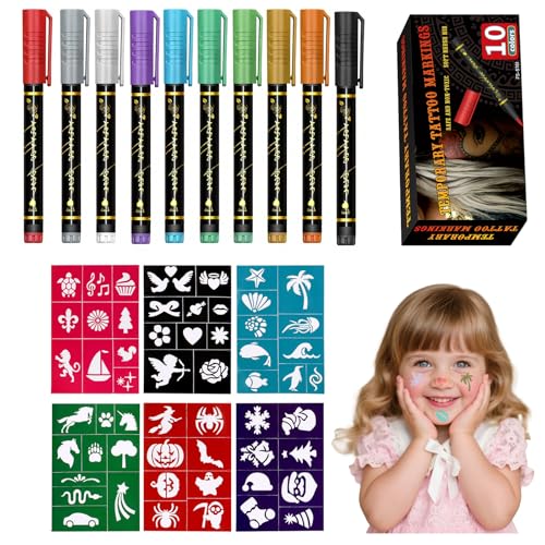 Werownsgso 10 Farben Tattoo Stifte Kinder mit 56 Tattoo Schablonen Temporäre Tattoos Marker für Erwachsene und Kinder Glitzer Tattoostifte Set Wasserfest Hautfreundlich für Halloween Fasching Karneval von Werownsgso