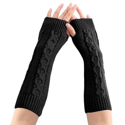 Werownsgso Fingerlose Gestrickt Handschuhe, Weicher Strick Handschuhe Ohne Finger mit Daumenlöchern, Damen Thermal Handschuhe, Winter Armstulpen Handschuhe für Frauen und Mädchen (Schwarz) von Werownsgso