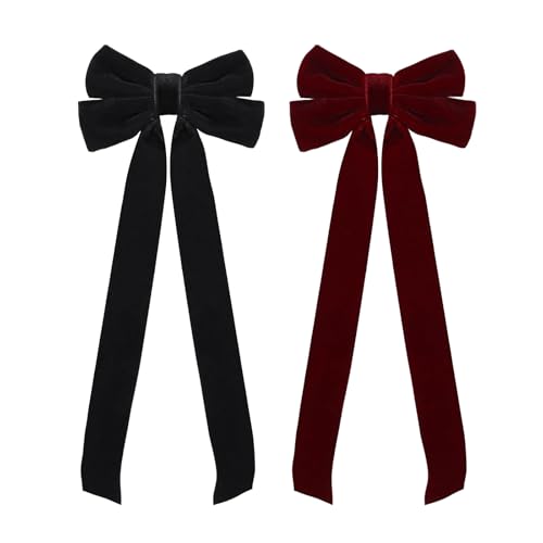 Werownsgso Haarschleife aus Samt, einfarbig, französische Schleifen mit langem Band, Haarspangen für Damen und Mädchen, Weihnachtsgeschenke (Rot + Schwarz) von Werownsgso