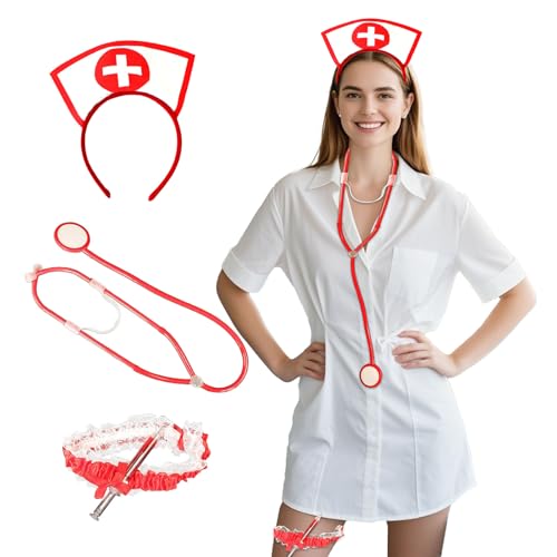 Werownsgso Kostümset Krankenschwester Zubehör, Krankenschwester Zubehör Set mit Haarreif Spitze Stethoskop, Frauen Nurse Kostüm Zubehör für Karneval Kostüm Cosplay von Werownsgso