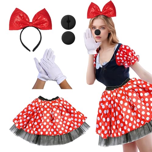 Werownsgso Maus Kostüm Damen, Rot Tutu mit weiß Gepunktet, Glitzer Fliege Haarreifen, Mouse Nase Weiße Handschuhe, Mini Maus Kostüm Damen für Fasching Halloween Karneval Cosplay Party von Werownsgso