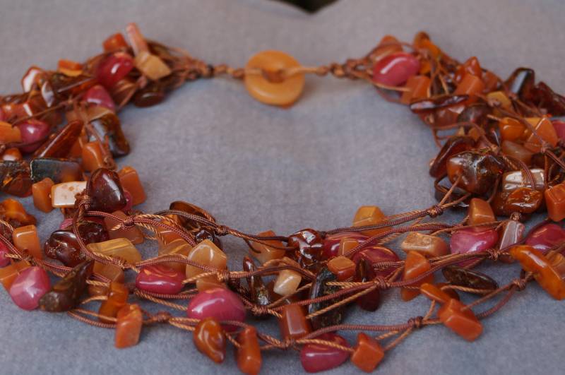 Edelsteinkette Mehrreihig Länge 45cm Carneol Bernstein Achat Knebelverschluß Sehr Gut Erhalten Gereinigt von WertGeschaetzt