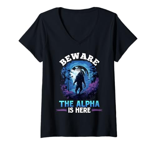 Damen Alpha Wolf BEWARE THE ALPHA IS HERE Lustig Wölfe T-Shirt mit V-Ausschnitt von Werwolf T-Shirt Herren Alpha Wolf Kostüm Wölfe