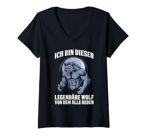 Damen Alpha Wolf BIN DER LEGENDÄRE WOLF Lustiges Werwolf T-Shirt mit V-Ausschnitt von Werwolf T-Shirt Herren Alpha Wolf Kostüm Wölfe