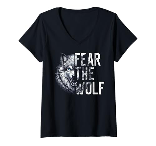 Damen Alpha Wolf FEAR THE WOLF Lustiges Wölfe T-Shirt mit V-Ausschnitt von Werwolf T-Shirt Herren Alpha Wolf Kostüm Wölfe