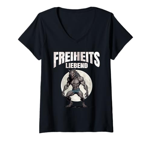 Damen Alpha Wolf FREIHEITS LEBEND Lustiges Werwolf T-Shirt mit V-Ausschnitt von Werwolf T-Shirt Herren Alpha Wolf Kostüm Wölfe