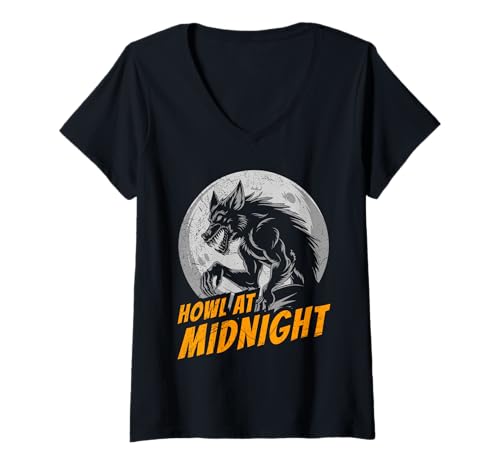 Damen Alpha Wolf HOWL AT MIDNIGHT Lustiges Werwolf T-Shirt mit V-Ausschnitt von Werwolf T-Shirt Herren Alpha Wolf Kostüm Wölfe
