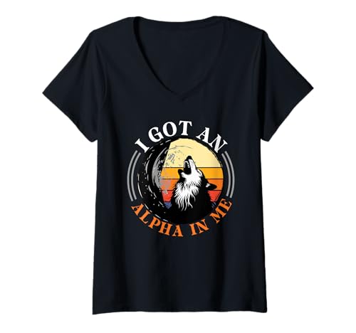 Damen Alpha Wolf I GOT AN ALPHA IN ME Retro Lustig Wölfe T-Shirt mit V-Ausschnitt von Werwolf T-Shirt Herren Alpha Wolf Kostüm Wölfe