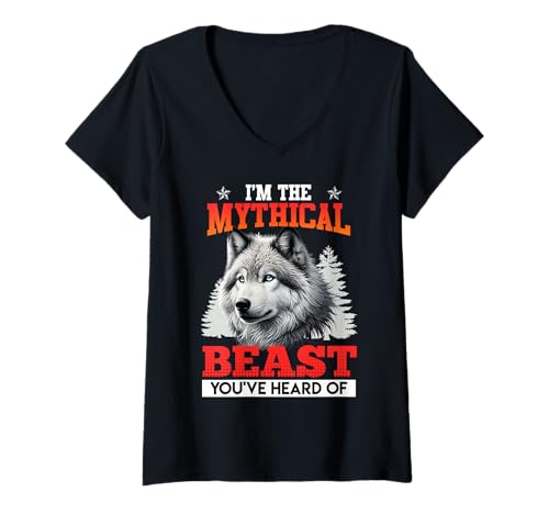 Damen Alpha Wolf I'M THE MYTHICAL BEAST Lustiges Wölfe T-Shirt mit V-Ausschnitt von Werwolf T-Shirt Herren Alpha Wolf Kostüm Wölfe
