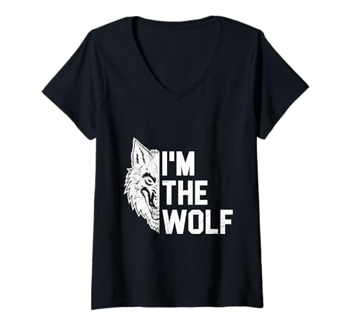 Damen Alpha Wolf I'M THE WOLF Kostüm Alpha Lustiges Wölfe T-Shirt mit V-Ausschnitt von Werwolf T-Shirt Herren Alpha Wolf Kostüm Wölfe