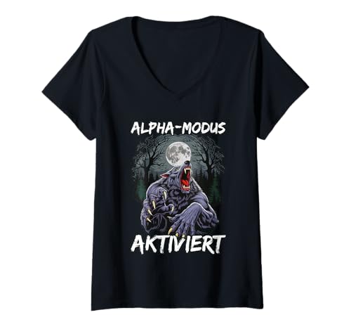 Damen Werwolf ALPHA MODUS AKTIVIERT Lustiges Alpha Wolf T-Shirt mit V-Ausschnitt von Werwolf T-Shirt Herren Alpha Wolf Kostüm Wölfe