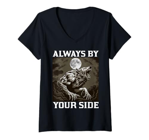 Damen Werwolf ALWAYS BY YOUR SIDE Lustiges Alpha Wolf T-Shirt mit V-Ausschnitt von Werwolf T-Shirt Herren Alpha Wolf Kostüm Wölfe
