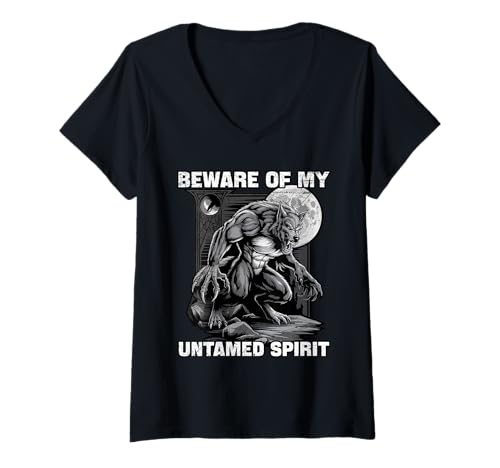 Damen Werwolf BEWARE OF MY UNTAMED SPIRIT Lustiges Alpha Wolf T-Shirt mit V-Ausschnitt Damen Werwolf BEWARE OF MY UNTAMED SPIRIT Lustiges Alpha Wolf T-Shirt mit V-Ausschnitt von Werwolf T-Shirt Herren Alpha Wolf Kostüm Wölfe