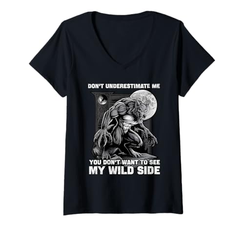 Damen Werwolf DON'T UNDERESTIMATE ME Lustiges Alpha Wolf T-Shirt mit V-Ausschnitt von Werwolf T-Shirt Herren Alpha Wolf Kostüm Wölfe