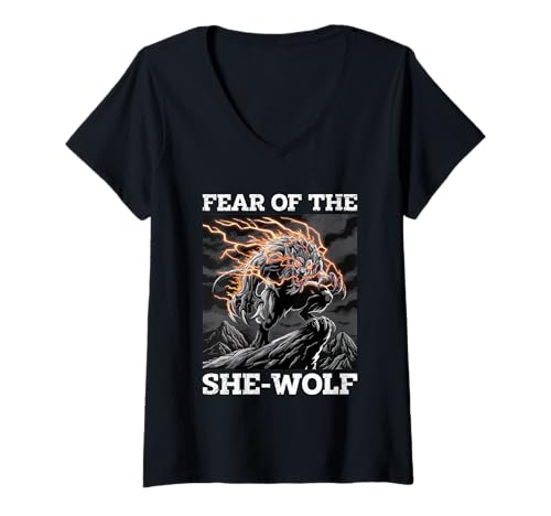 Damen Werwolf FEAR OF THE SHE-WOLF Lustiges Alpha Wolf T-Shirt mit V-Ausschnitt von Werwolf T-Shirt Herren Alpha Wolf Kostüm Wölfe