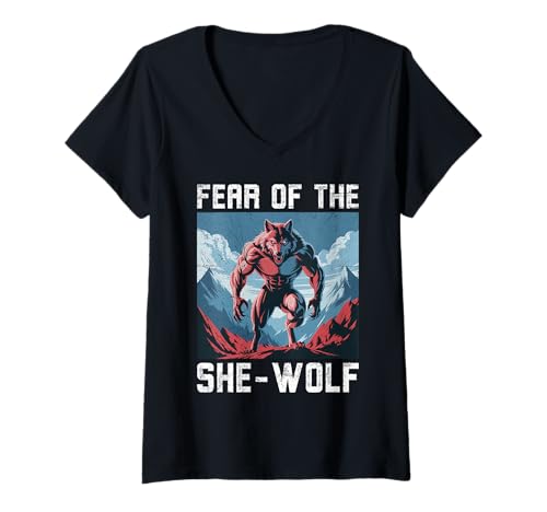 Damen Werwolf FEAR OF THE SHE-WOLF Lustiges Alpha Wolf T-Shirt mit V-Ausschnitt von Werwolf T-Shirt Herren Alpha Wolf Kostüm Wölfe