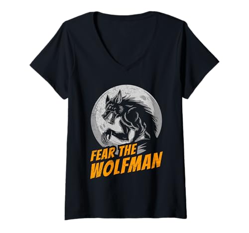 Damen Werwolf FÜRCHTE DEN WERWOLF Lustiges Alpha Wolf T-Shirt mit V-Ausschnitt von Werwolf T-Shirt Herren Alpha Wolf Kostüm Wölfe