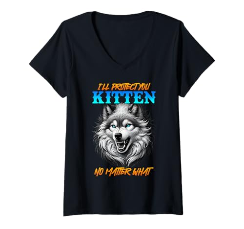Damen Werwolf I'LL PROTECT YOU KITTEN NO MATTER WHAT Alpha Wolf T-Shirt mit V-Ausschnitt von Werwolf T-Shirt Herren Alpha Wolf Kostüm Wölfe