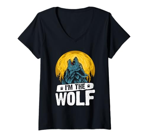 Damen Werwolf I'M THE WOLF Alpha Wolf Lustiges Wölfe T-Shirt mit V-Ausschnitt von Werwolf T-Shirt Herren Alpha Wolf Kostüm Wölfe