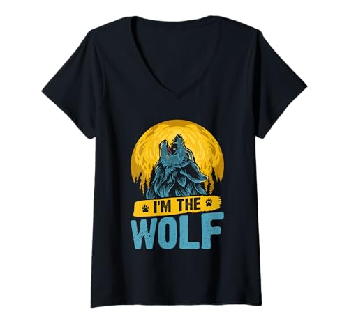 Damen Werwolf I'M THE WOLF Alpha Wolf Lustiges Wölfe T-Shirt mit V-Ausschnitt von Werwolf T-Shirt Herren Alpha Wolf Kostüm Wölfe