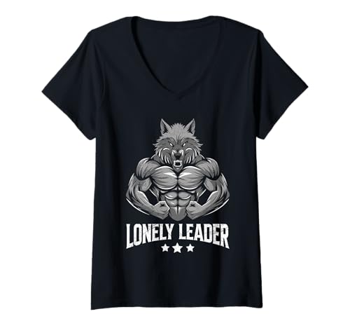 Damen Wölfe LONELY LEADER Alpha Wolf Kostüm Lustig Wolf T-Shirt mit V-Ausschnitt von Werwolf T-Shirt Herren Alpha Wolf Kostüm Wölfe