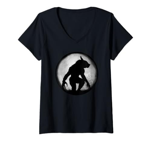 Damen Werwolf und leuchtender Vollmond T-Shirt mit V-Ausschnitt Damen Werwolf und leuchtender Vollmond T-Shirt mit V-Ausschnitt von Werwolf und Vollmond