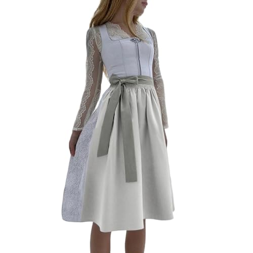 Dirndl Damen Retro Dirndlkleider Midi Trachtenkleid mit Schürze Dirndlkomplettsets Oktoberfest Outfit Festlich Dirndlbluse Dirndlschürze Maxikleider Dirndlkleid (Silver, M) von Wesaloes