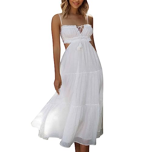 Sommerkleider für Damen Kleid Rückenfrei Sommer Verstellbare Spaghettiträger zum Binden vorn Strand Camisole Sommerkleid Damen Lang Boho Maxikleid Party Casual Strand Kleid (White, M) von Wesaloes