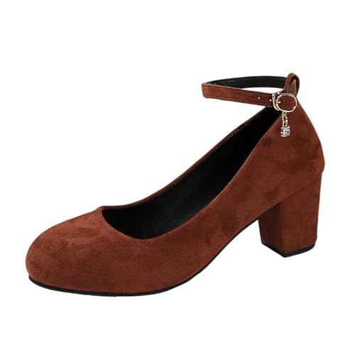 Trachtenschuhe Damen Elegant Bequem Dirndl Schuhe Breite Füße Schuhe mit hohem Blockabsatz Wildlede Optik Plateau Schuhes Hochzeitsschuhe Einfarbige Trachtenschuhe für Oktoberfest (Brown, 42) von Wesaloes