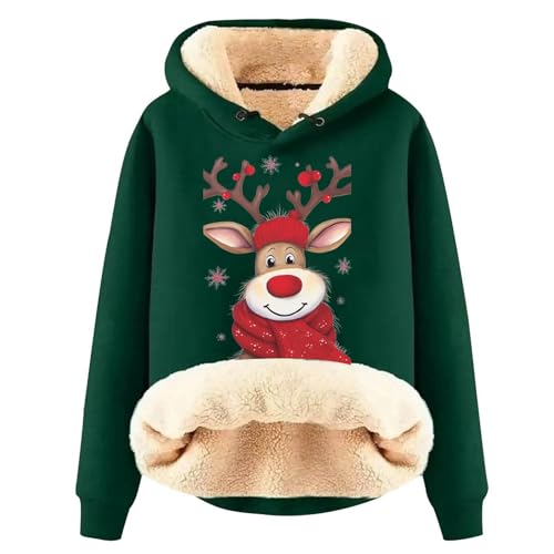 Weihnachtspullover Damen Hoodie Fleecepullover Damen Fleece Sweatshirt Winter Warm Dicke Weihnachts Pullover Damen Weihnachten Casual Fleece Pulli Kapuzenpullover (Green, XXXL) von Wesaloes