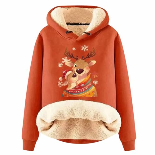 Weihnachtspullover Damen Hoodie Fleecepullover Damen Fleece Sweatshirt Winter Warm Dicke Weihnachts Pullover Damen Weihnachten Casual Fleece Pulli Kapuzenpullover (W-Orange, M) von Wesaloes