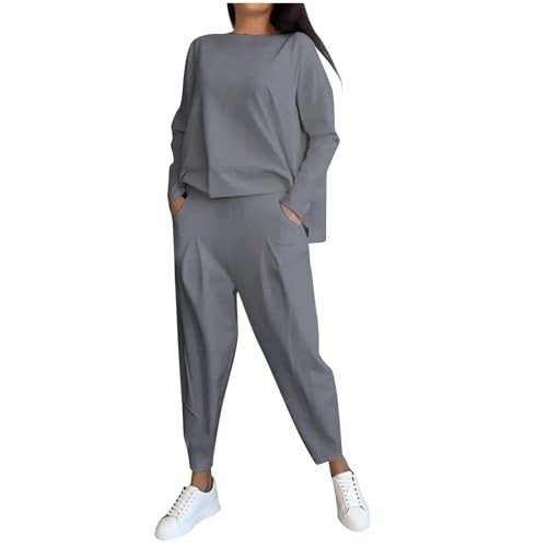 Wesaloes Hosenanzug Damen 2-Teiliges Set Casual Langarm Sweatshirt Hose Set Einfarbig Zweiteiler Outfit Winter Sportanzug Freizeitanzug Rundhalsausschnitt Hosenset mit Taschen (Grey, XXL) von Wesaloes