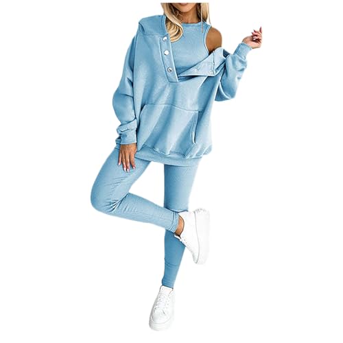Wesaloes Trainingsanzug Damen Zweiteiler Damen Set Sportmode Oversize Jogginganzug Casual Tracksuit Slim Fit Leichte 2 Teilig Freizeitanzug Kapuzenpullover Sporthose Set (Light Blue, M) von Wesaloes