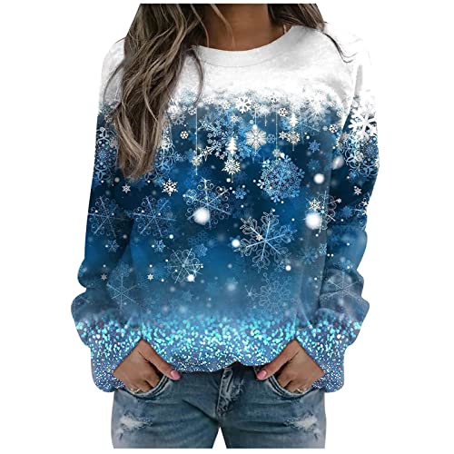 Wesaloes Weihnachtsshirts Damen Druck Sweatshirt mit Schneemann Schneeflocken Weihnachtsdruck lässig langärmelig lockerer Pullover mit Rundhalsausschnitt Sweatshirts (Blue, M) von Wesaloes