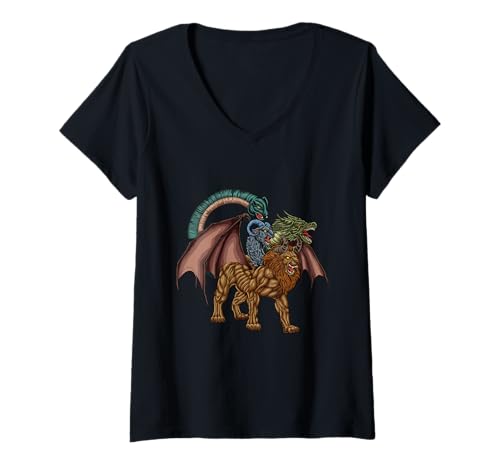 Damen Mythologisches Wesen mit Vier Köpfen - Chimäre T-Shirt mit V-Ausschnitt von Wesen der griechischen Mythologie