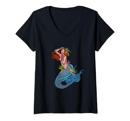Damen Verlockende Meerjungfrau mit Flossen - Sirene T-Shirt mit V-Ausschnitt von Wesen der griechischen Mythologie