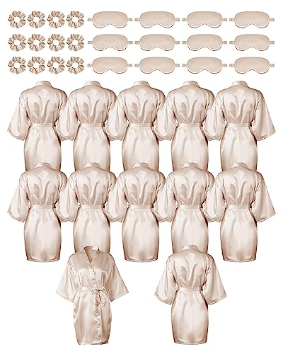 12 Stück Satin Frauen Roben Kimono Robe Bulk mit Schlafmaske und Haargummi Sets Seidige Bademäntel für Geburtstag Hochzeit Party, Champagner, Einheitsgröße von Wesiti