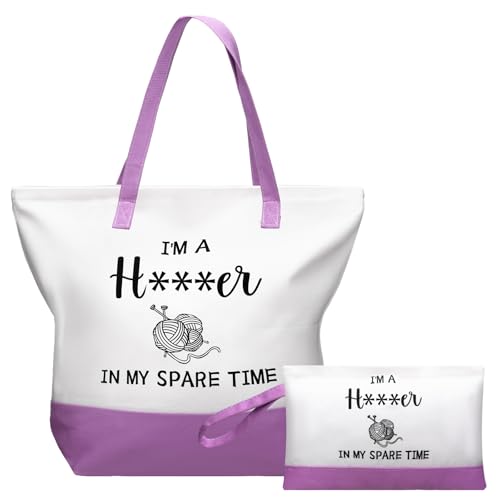 Wesnoy 2 Stück Häkelliebhaber-Geschenke für Frauen, lustige lila Canvas-Tasche mit Kosmetiktasche, Tragetasche in meiner Freizeit für Häkelliebhaber, Weihnachten, Häkeln von Wesnoy