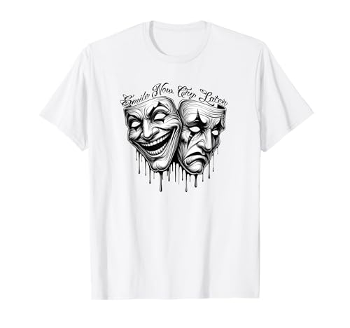 West Coast Lowrider Chicano für Herren und Damen SMILE NOW CRY LATER Masken Gangster Cholo Payaso Chicano Unisex T-Shirt White, Black, Grey Größe S Retro Gangster-Themed Chicano T-Shirt West Coast Lowrider Chicano für Herren und Damen SMILE NOW CRY LATER Masken Gangster Cholo Payaso Chicano Unisex T-Shirt White, Black, Grey Größe S Retro Gangster-Themed Chicano T-Shirt von West Coast Lowrider Chicano für Herren und Damen