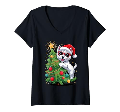 Damen Christmas Tree West Highland White Terrier Westie T-Shirt mit V-Ausschnitt Damen Christmas Tree West Highland White Terrier Westie T-Shirt mit V-Ausschnitt von West Highland White Terrier Lover Gifts