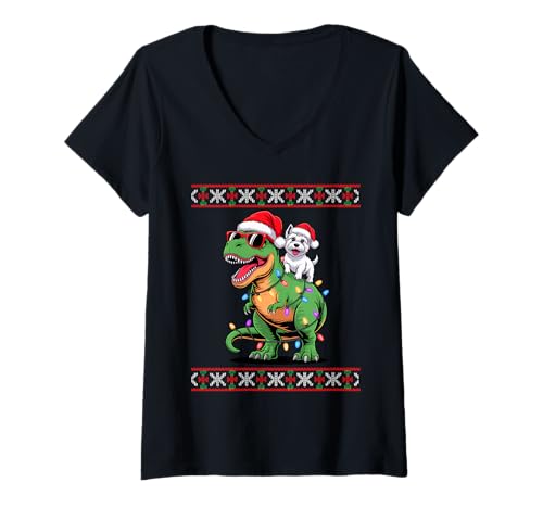 Damen Christmas West Highland White Terrier T-Rex Dinosaur Westie T-Shirt mit V-Ausschnitt Damen Christmas West Highland White Terrier T-Rex Dinosaur Westie T-Shirt mit V-Ausschnitt von West Highland White Terrier Lover Gifts