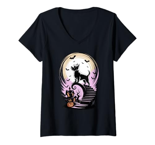 Damen Gruseliges Halloween Mond West Highland White Terrier Westie T-Shirt mit V-Ausschnitt Damen Gruseliges Halloween Mond West Highland White Terrier Westie T-Shirt mit V-Ausschnitt von West Highland White Terrier Lover Gifts