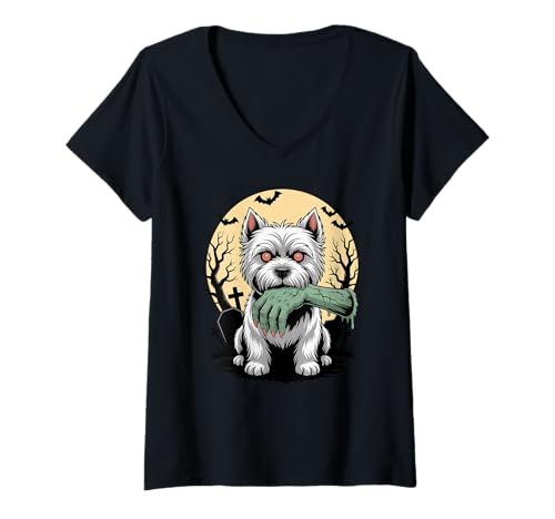 Damen Halloween Mond Zombie West Highland White Terrier Westie T-Shirt mit V-Ausschnitt Damen Halloween Mond Zombie West Highland White Terrier Westie T-Shirt mit V-Ausschnitt von West Highland White Terrier Lover Gifts