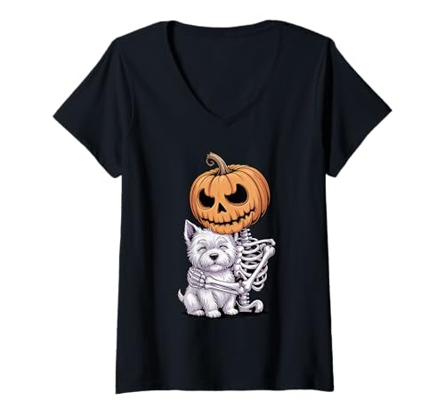 Damen Halloween Skeleton West Highland White Terrier Westie T-Shirt mit V-Ausschnitt Damen Halloween Skeleton West Highland White Terrier Westie T-Shirt mit V-Ausschnitt von West Highland White Terrier Lover Gifts